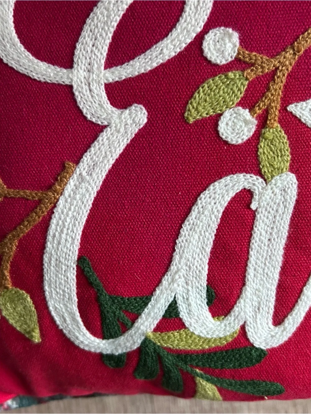 Vintage Embroidered Red Holiday Throw Pillow Peace on Earth
